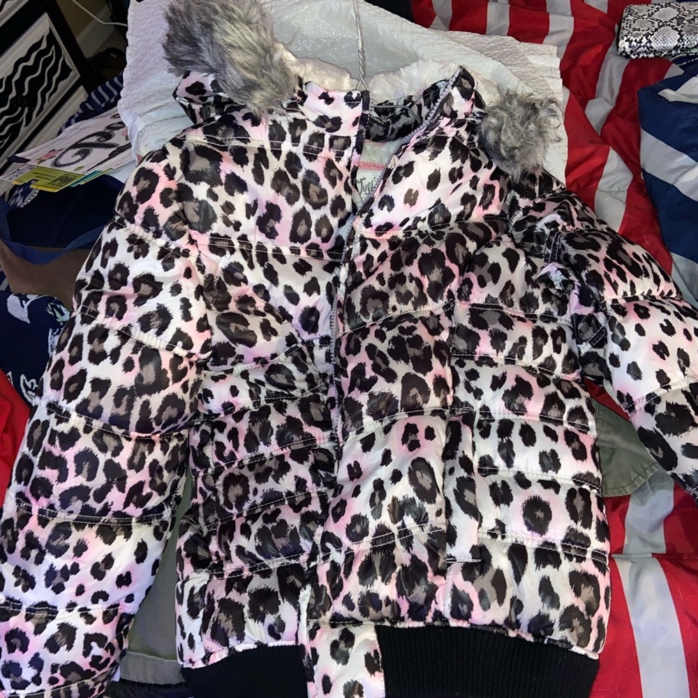 Pink leopard print puffer jacket